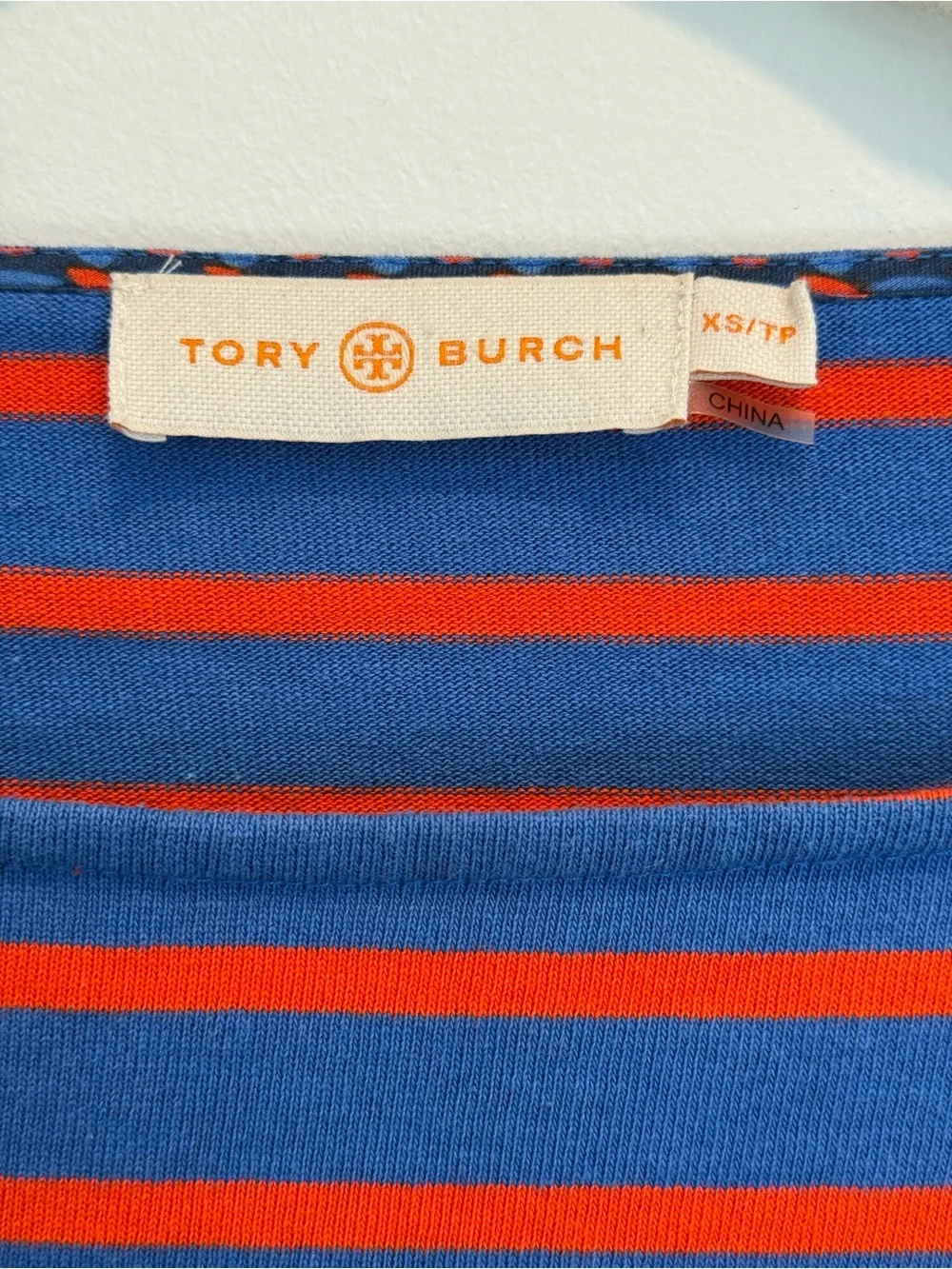 Tory Burch Blue & Orange Ruffle Sleeve Striped Casual T-Shirt Dress XS